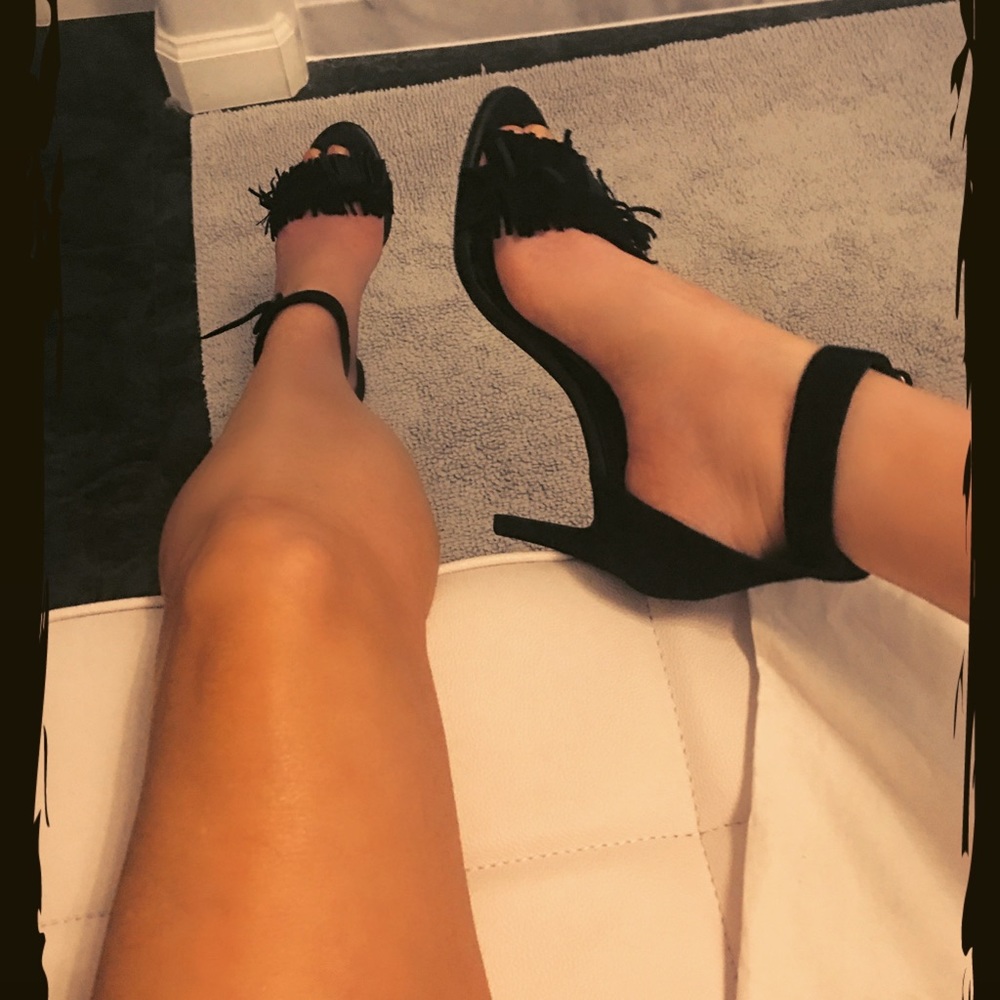 Joie Ankle Strap Fringe Suede Heels